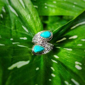 Sterling Silver Kingman Turquoise Filigree Bypass Ring - Size 8